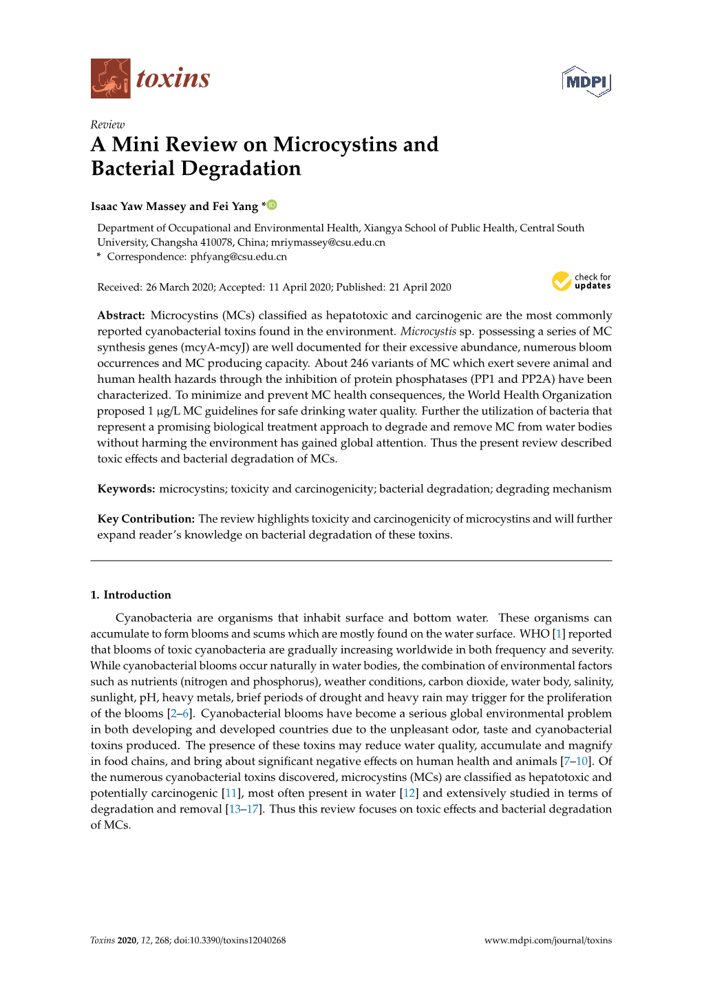 A Mini Review on Microcystins and Bacterial Degradation