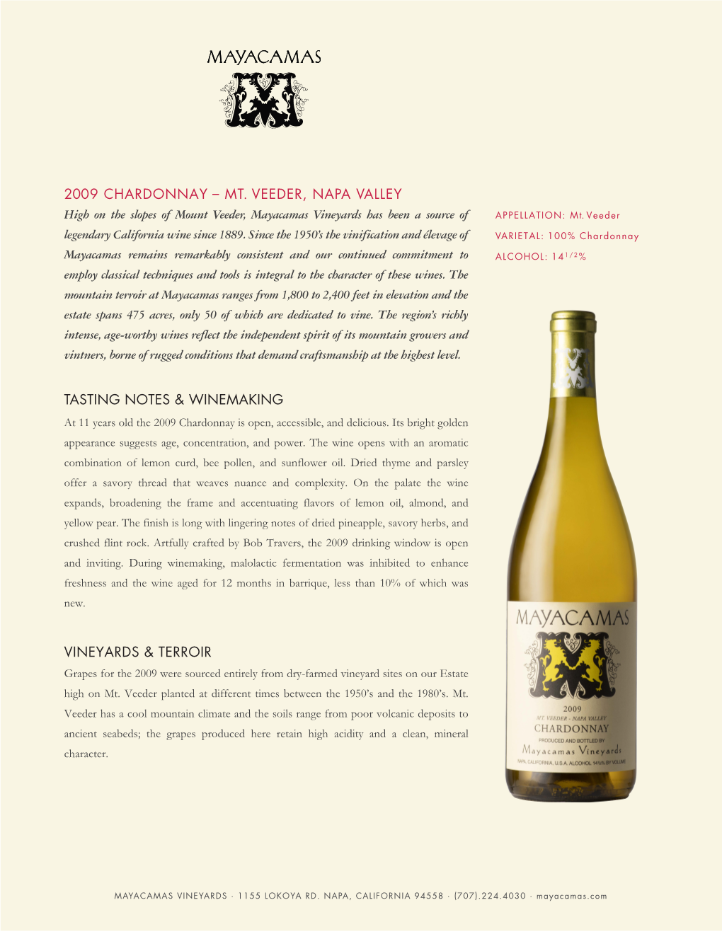 2009 Chardonnay – Mt. Veeder, Napa Valley Tasting Notes & Winemaking Vineyards & Terroir