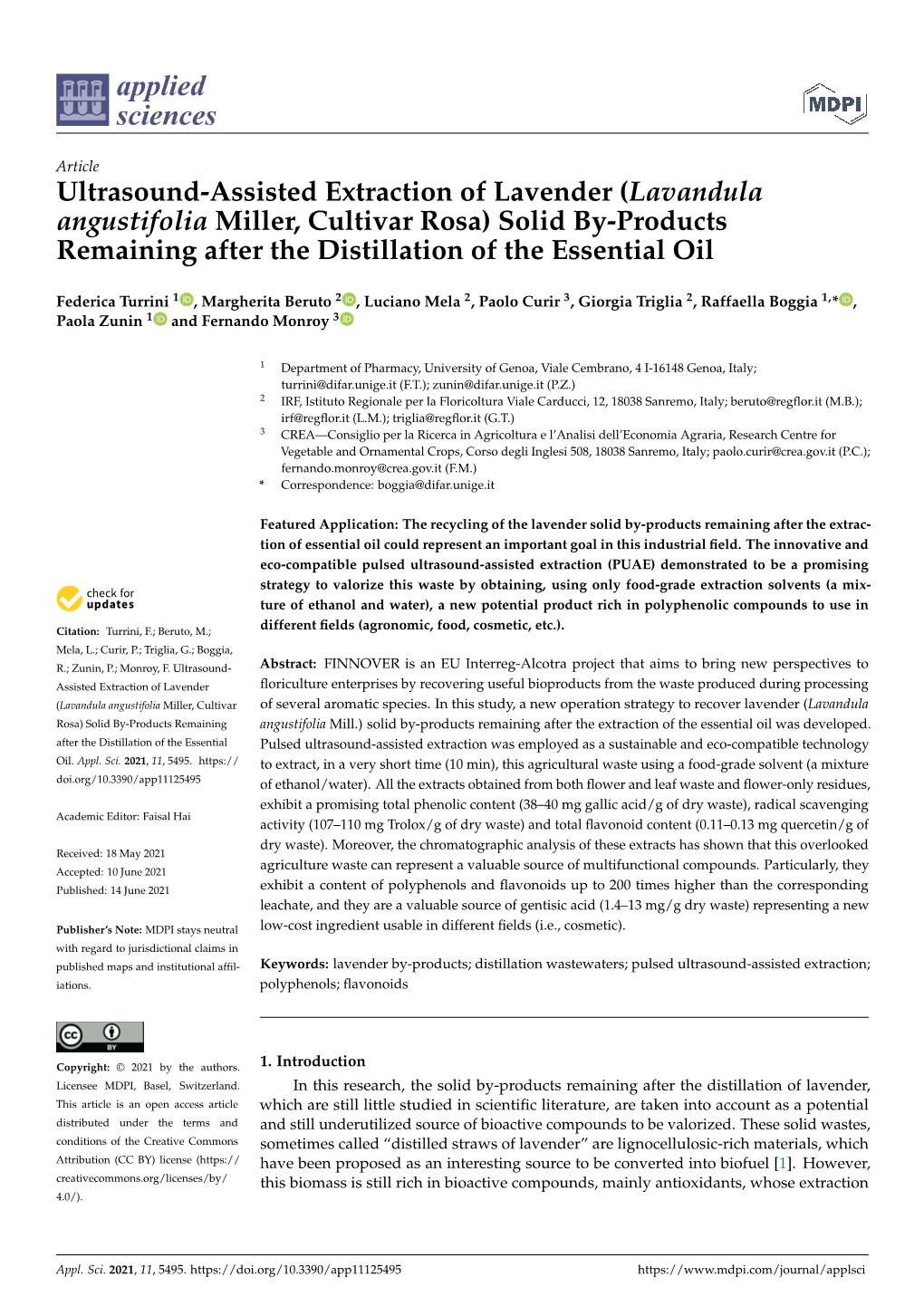 Ultrasound-Assisted Extraction of Lavender (Lavandula Angustifolia Miller, Cultivar Rosa) Solid By-Products Remaining After the Distillation of the Essential Oil