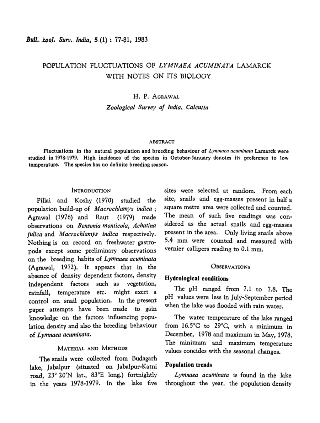 Population Fluctuations of Lymnaea Acuminata Lamarck with Notes on Its Biology