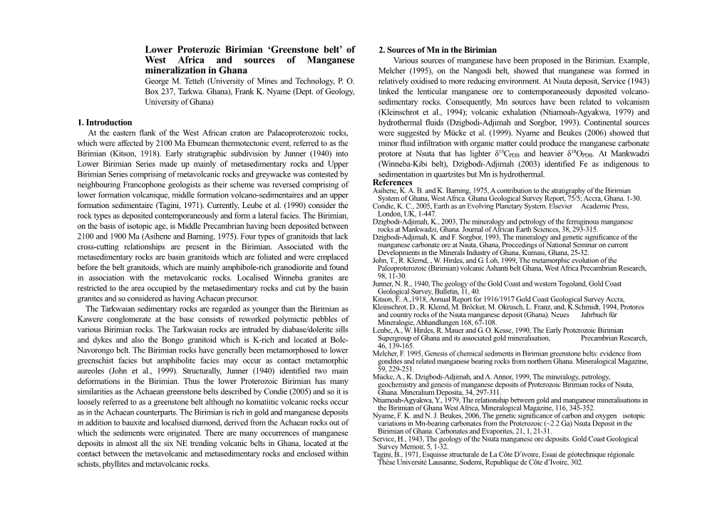 Lower Proterozic Birimian 'Greenstone Belt' of West Africa And