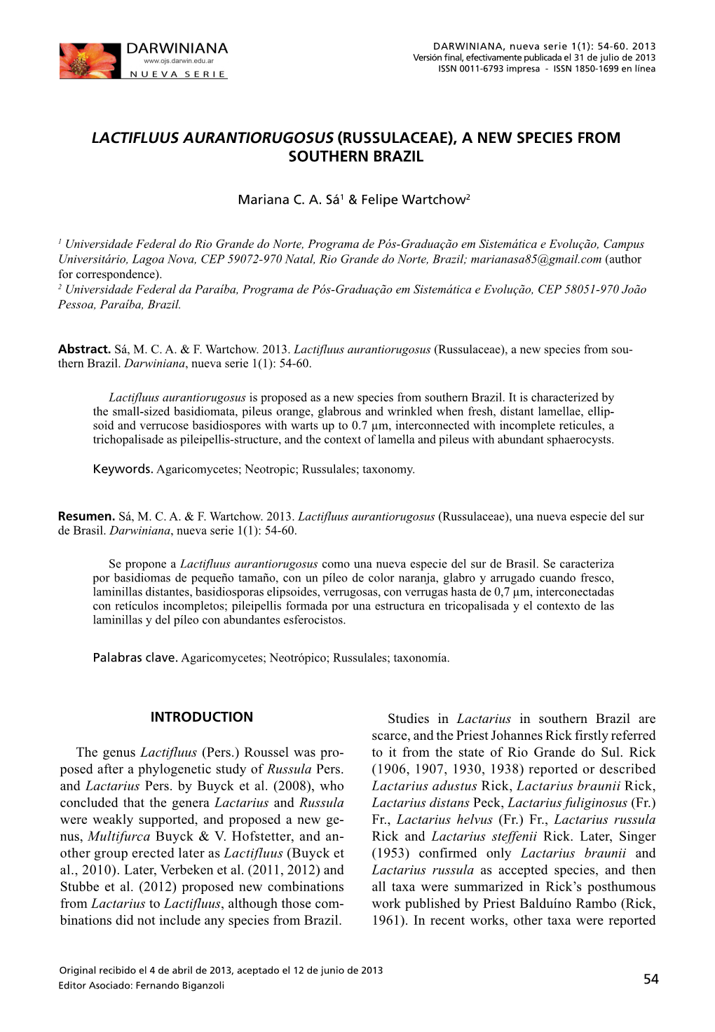 Lactifluus Aurantiorugosus (Russulaceae), a New Species from Southern Brazil