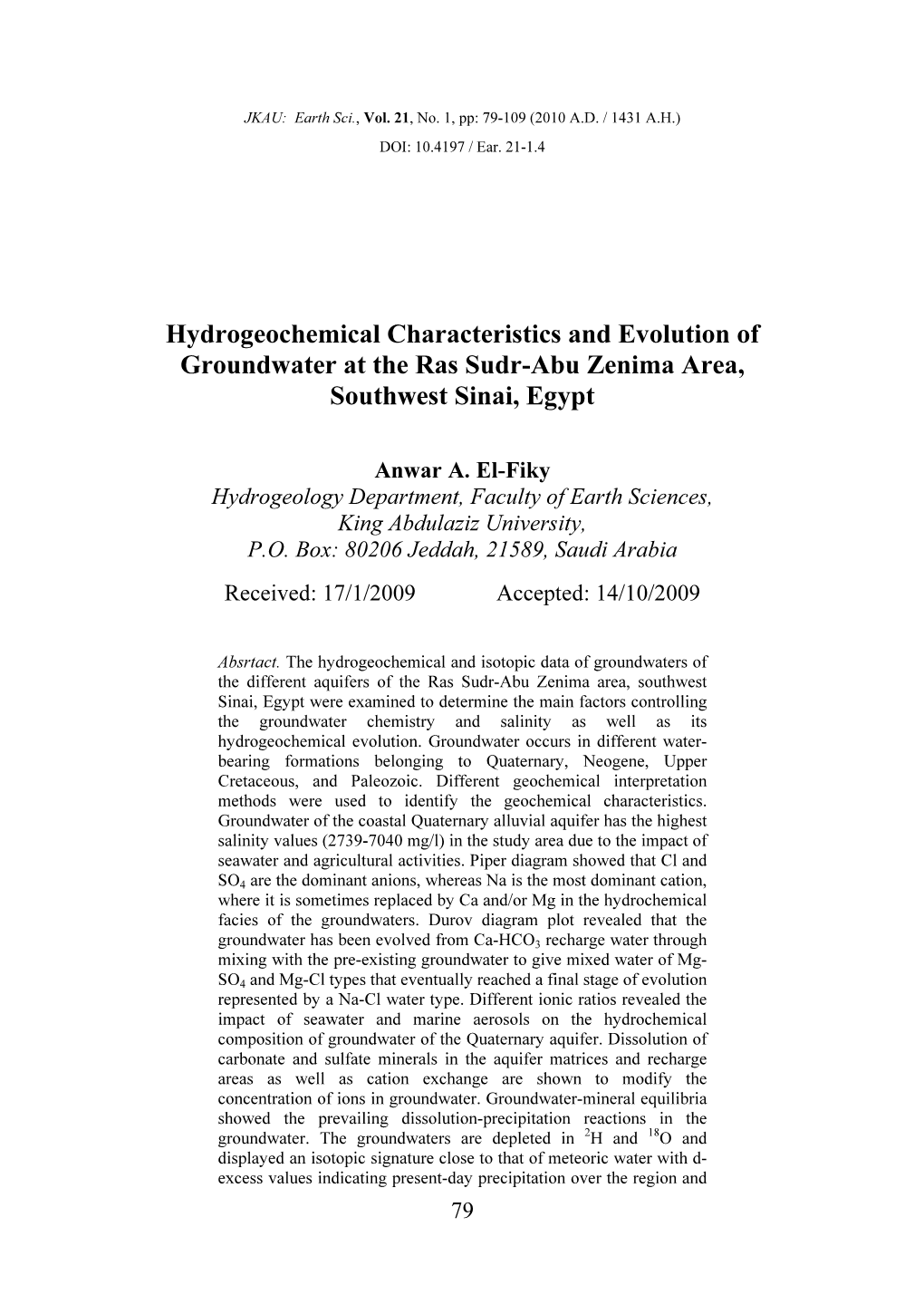 Hydrogeochemical Characteristics and Evolution of Groundwater at the Ras Sudr-Abu Zenima Area, Southwest Sinai, Egypt
