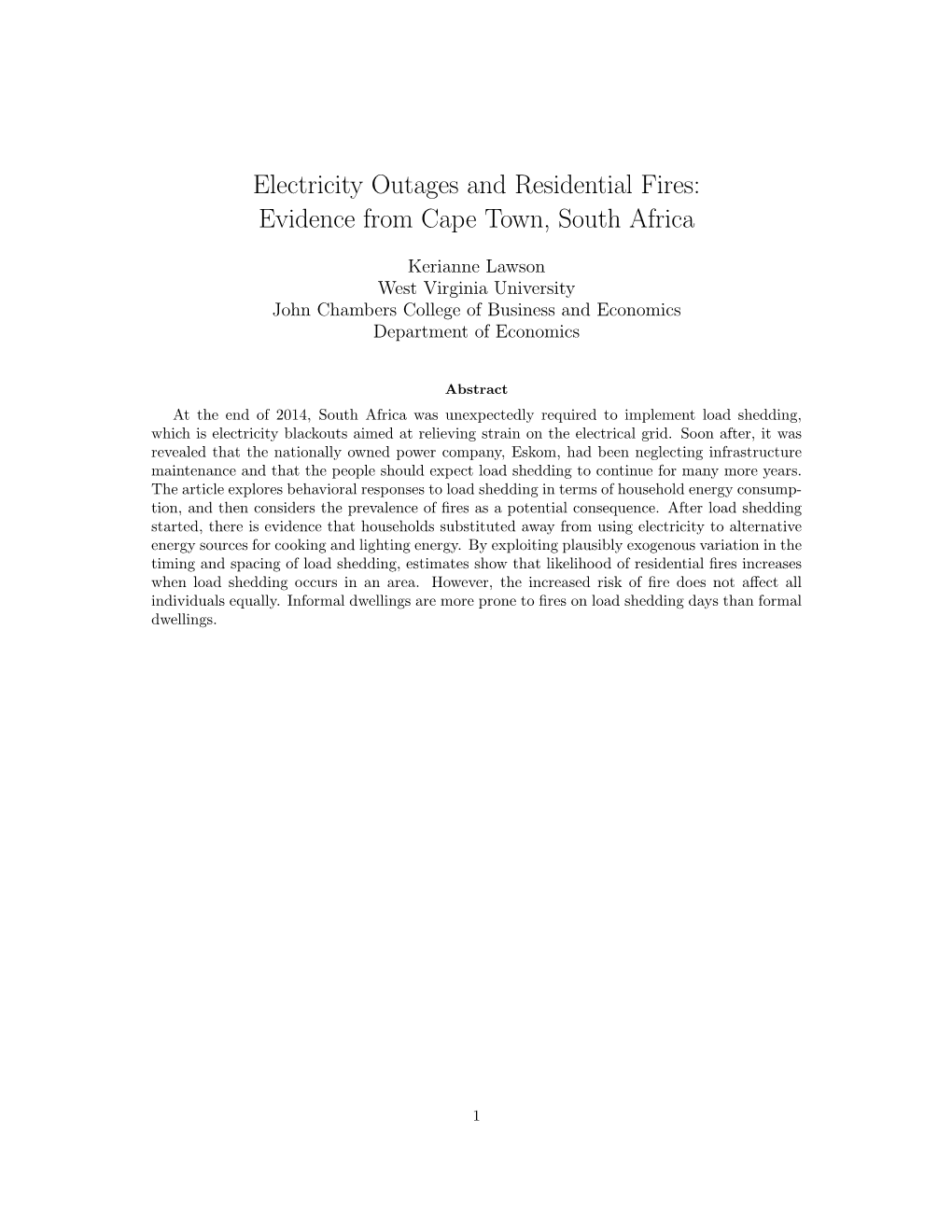 Electricity Outages and House Fires: Evidence from Cape Town