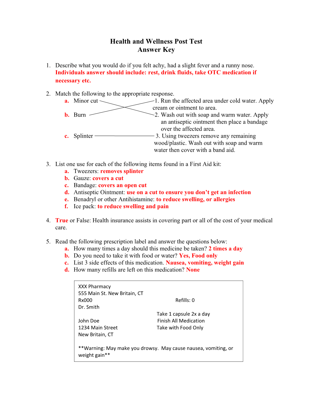 Health and Wellness Post Test s1