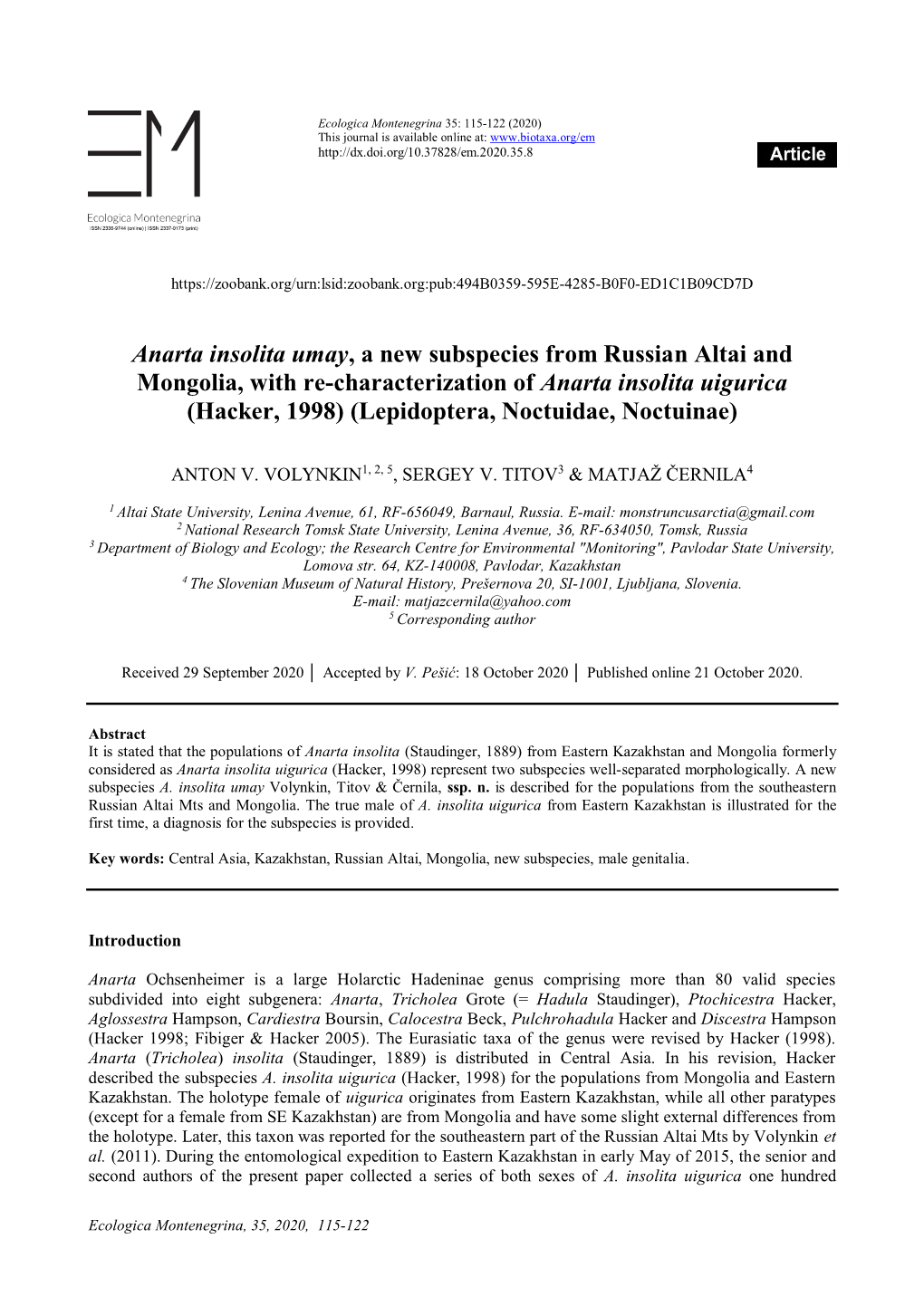 Anarta Insolita Umay, a New Subspecies from Russian Altai And