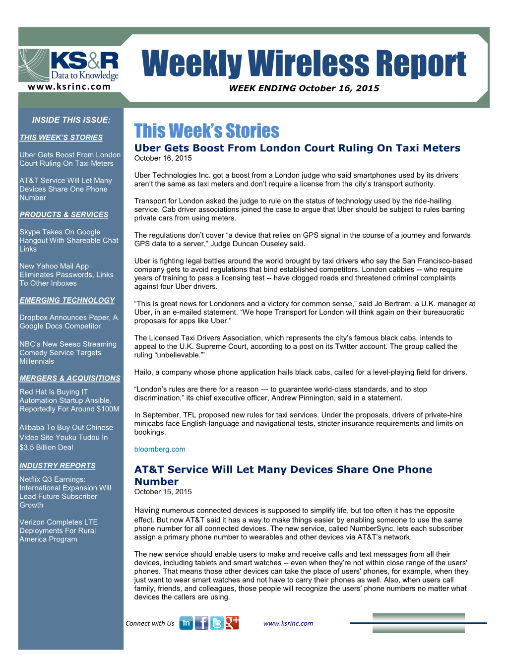 Weekly Wireless Report WEEK ENDING October 16, 2015