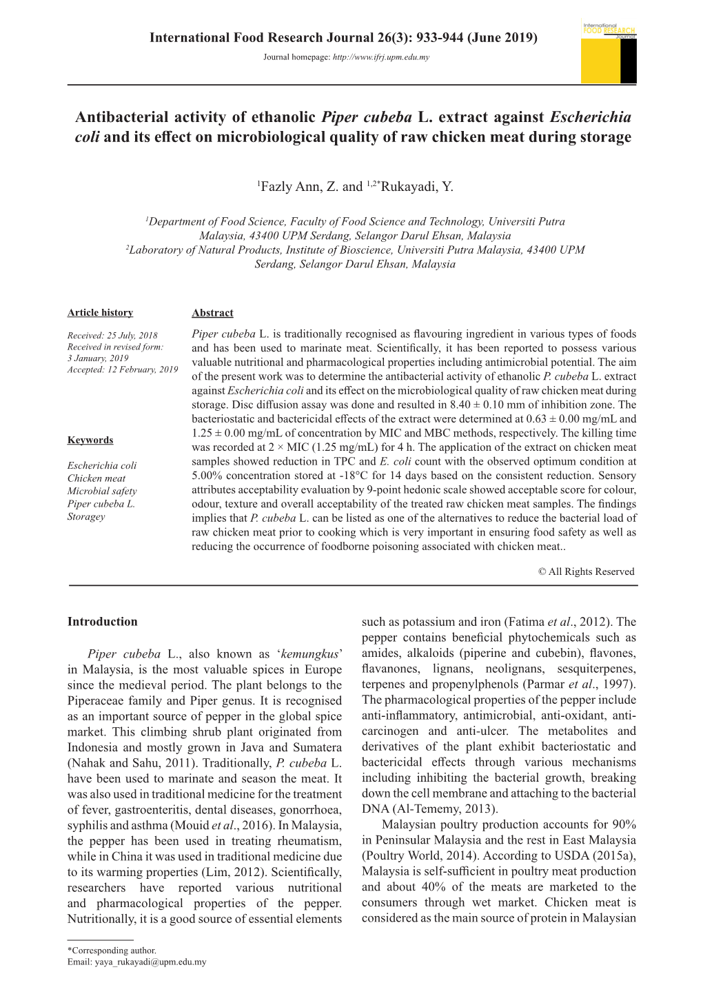 Antibacterial Activity of Ethanolic Piper Cubeba L. Extract Against Escherichia Coli and Its Effect on Microbiological Quality of Raw Chicken Meat During Storage