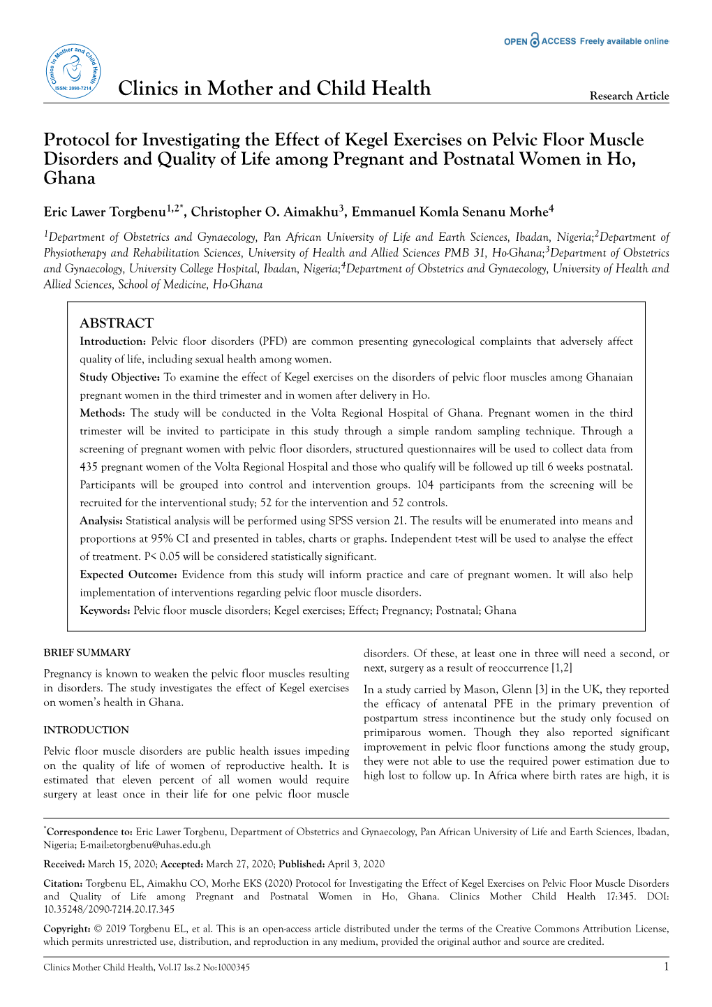 Protocol for Investigating the Effect of Kegel Exercises on Pelvic Floor Muscle Disorders and Quality of Life Among Pregnant and Postnatal Women in Ho, Ghana