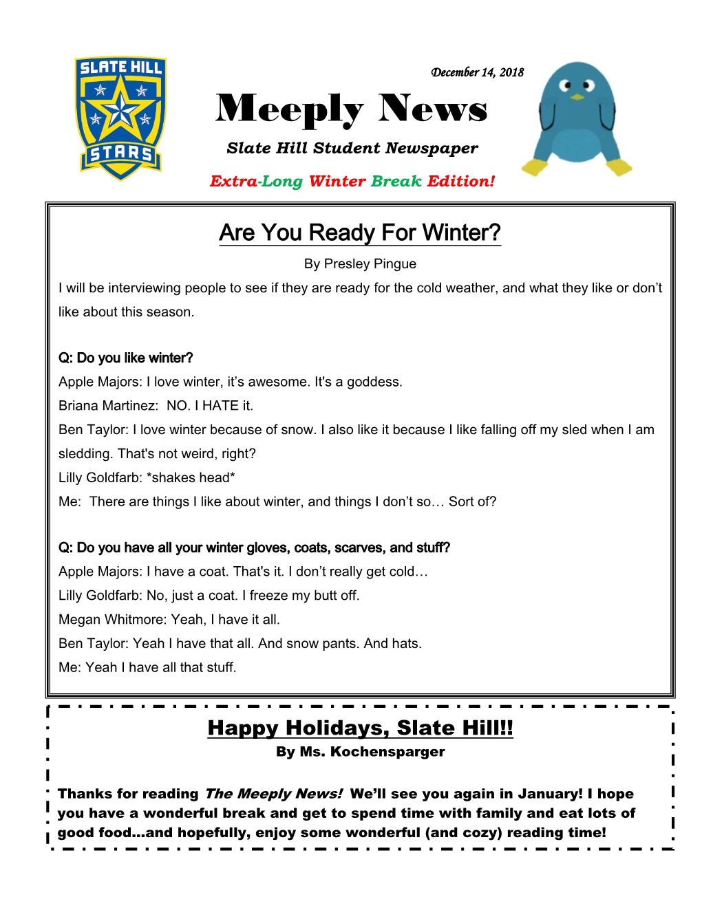 Meeply News Slate Hill Student Newspaper