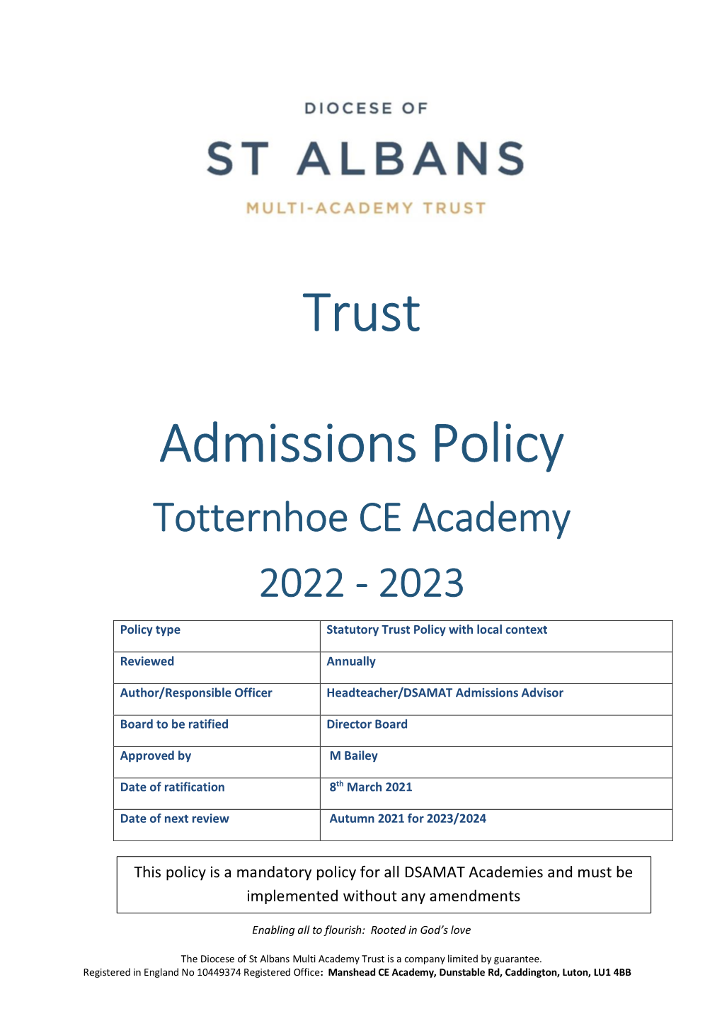 Totternhoe Admission Policy 2022 to 2023
