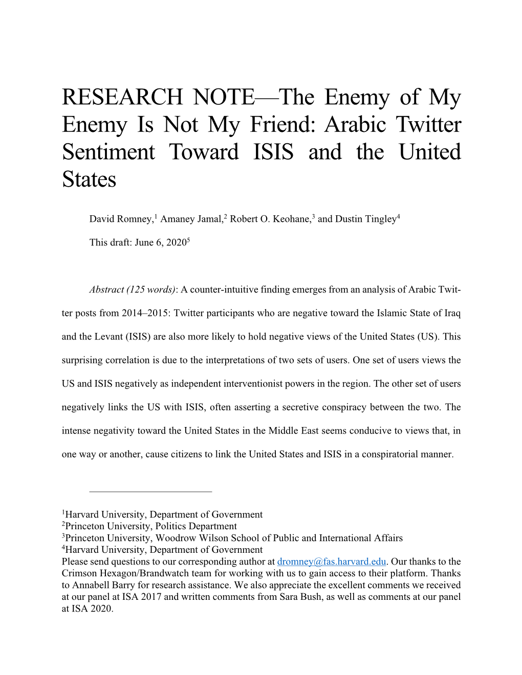 Arabic Twitter Sentiment Toward ISIS and the United States