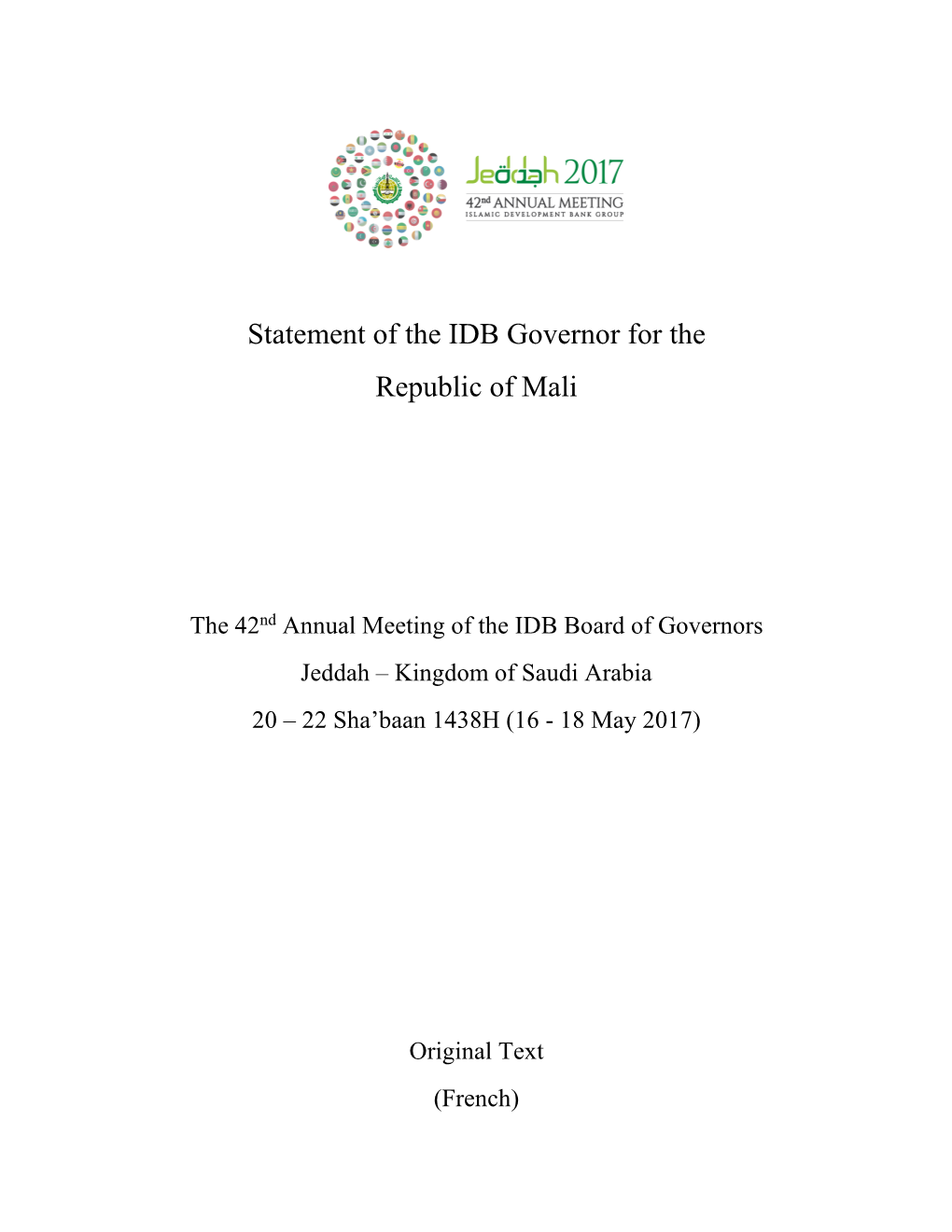 Statement of the IDB Governor for the Republic of Mali