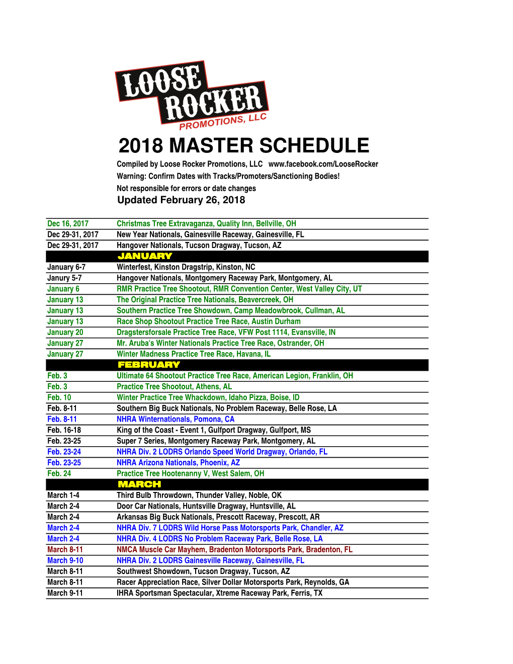 2018 Master Schedule