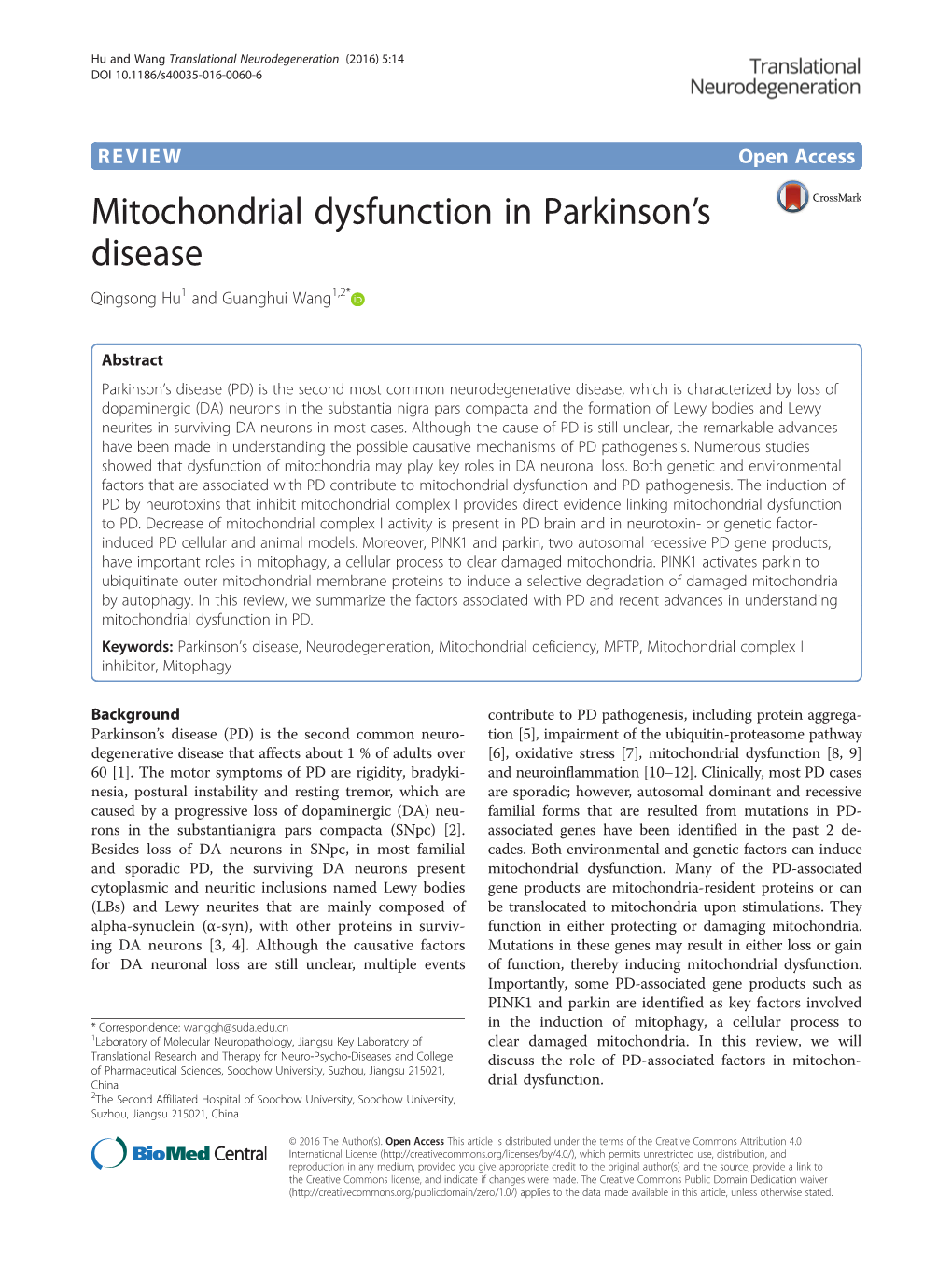 Mitochondrial Dysfunction in Parkinson's Disease