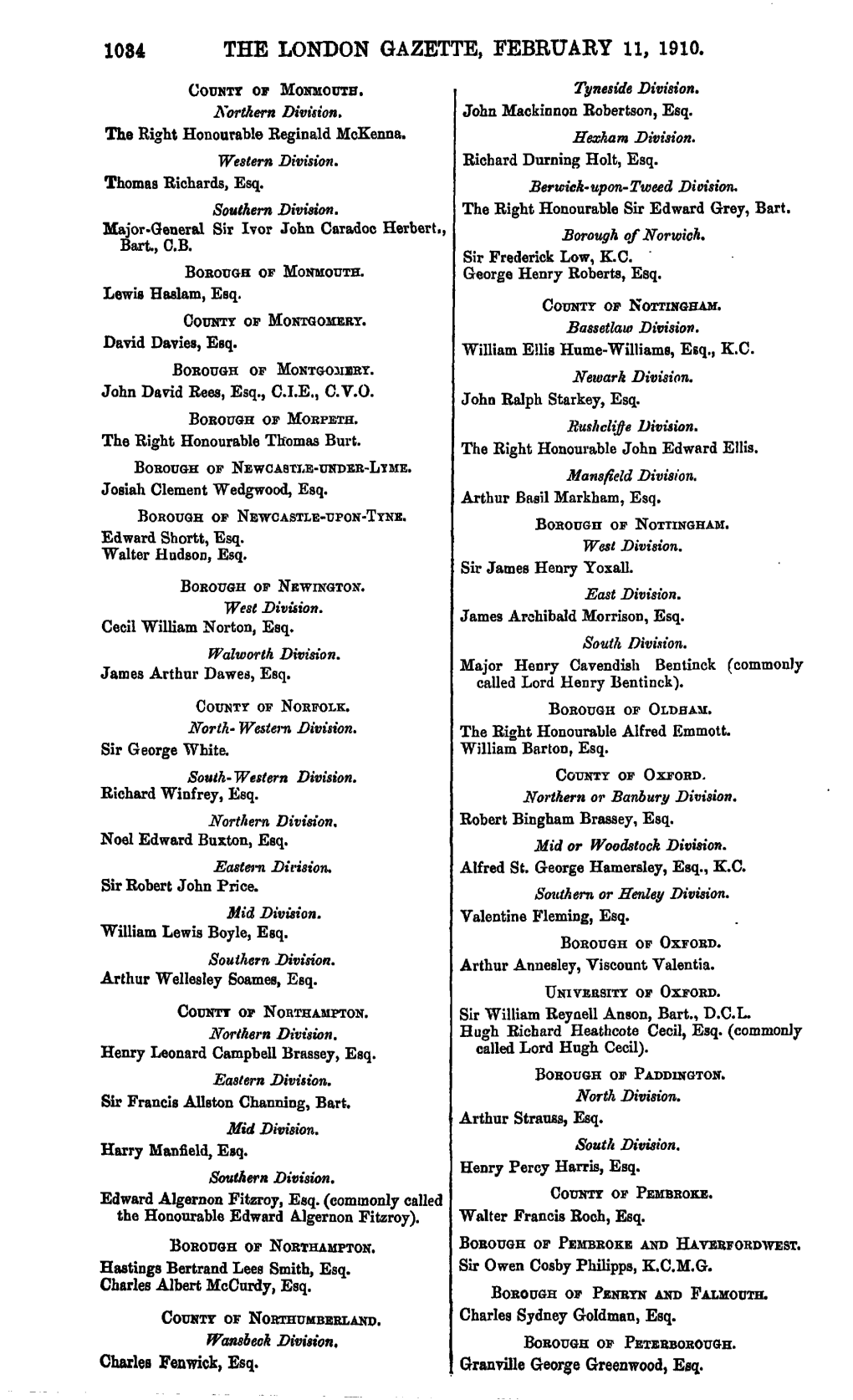 1034 the London Gazette, February 11, 1910. Count? of Monmouth