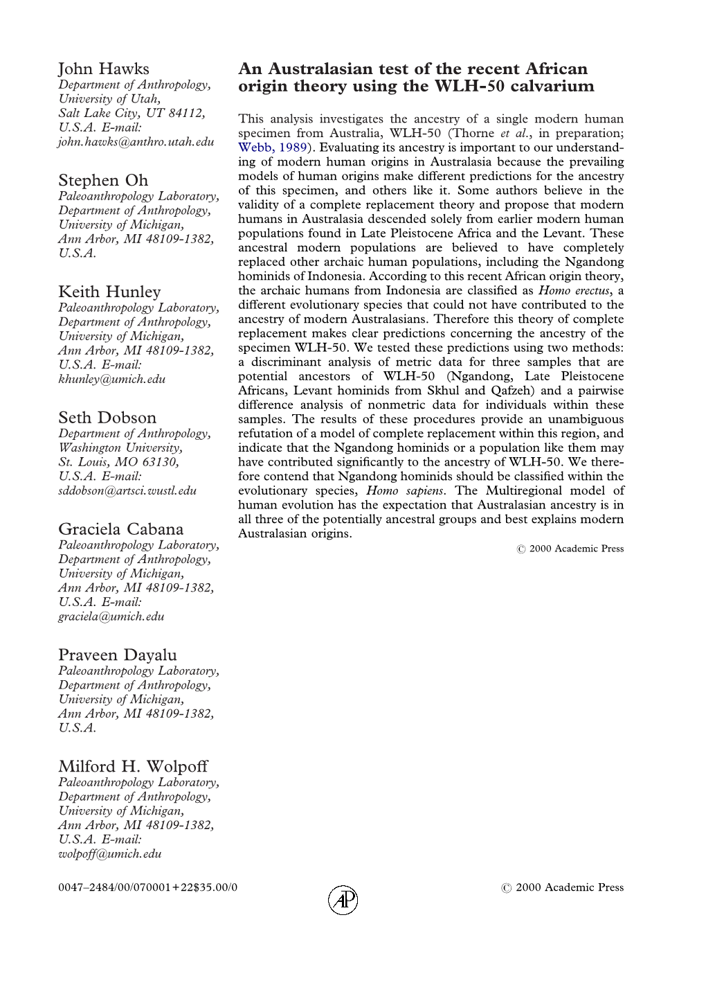 An Australasian Test of the Recent African Origin Theory Using the WLH