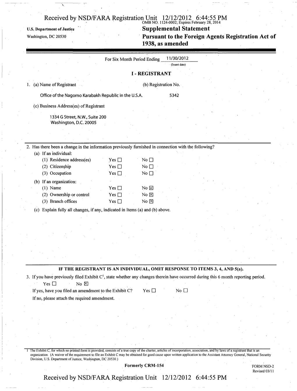 Received by NSD/FARA Registration Unit 12/12/2012 6:44:55 PM * OMB NO