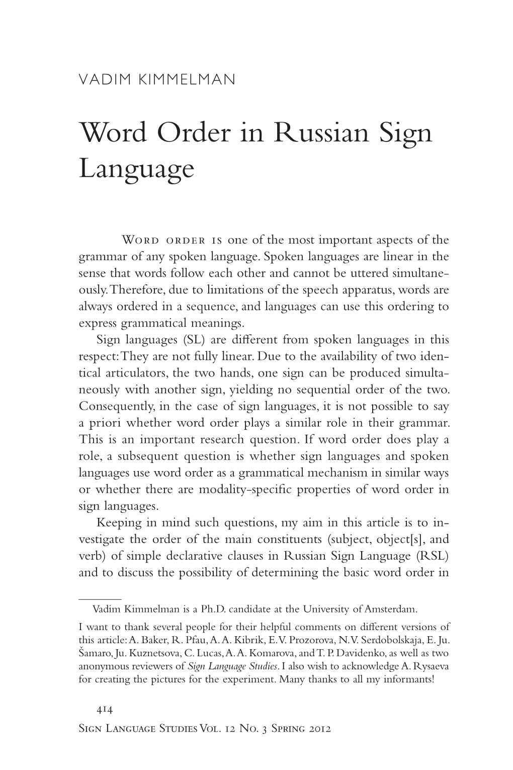 Word Order in Russian Sign Language