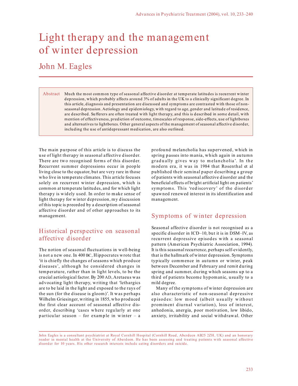 Light Therapy and the Management of Winter Depression John M