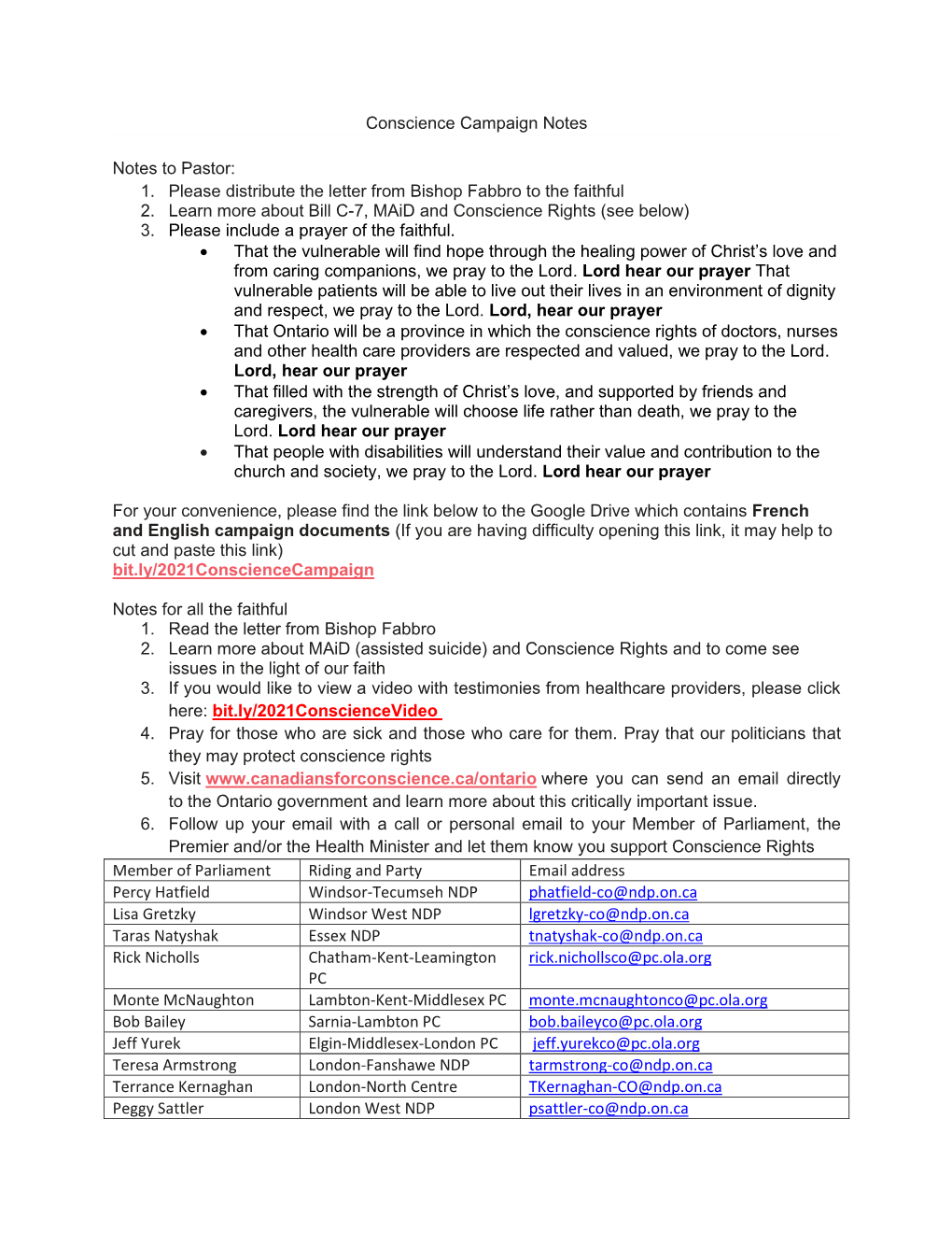 Conscience Campaign Notes Notes to Pastor: 1. Please Distribute the Letter from Bishop Fabbro to the Faithful 2. Learn More Abou