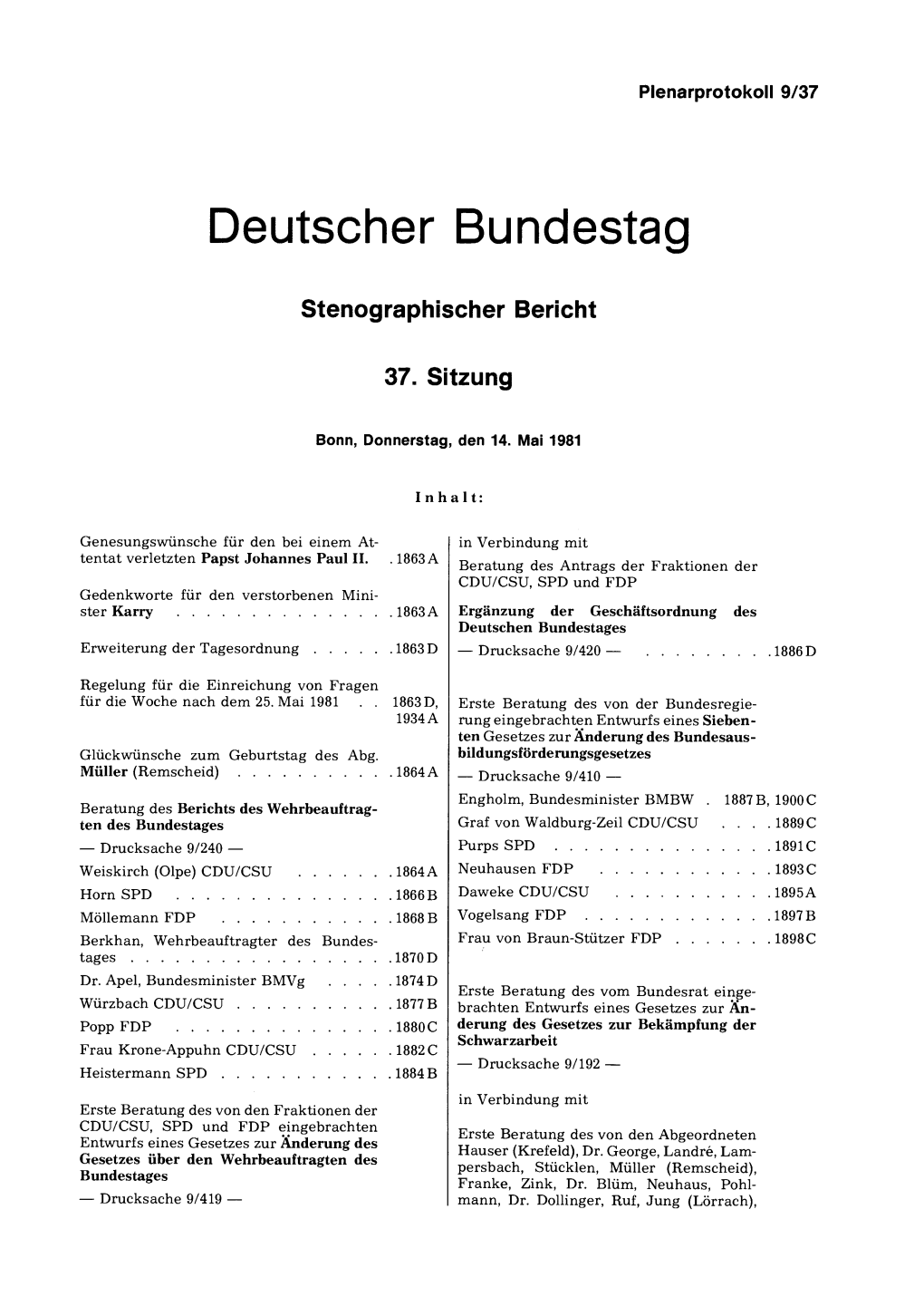 Deutscher Bundestag Stenographischer Bericht 37. Sitzung