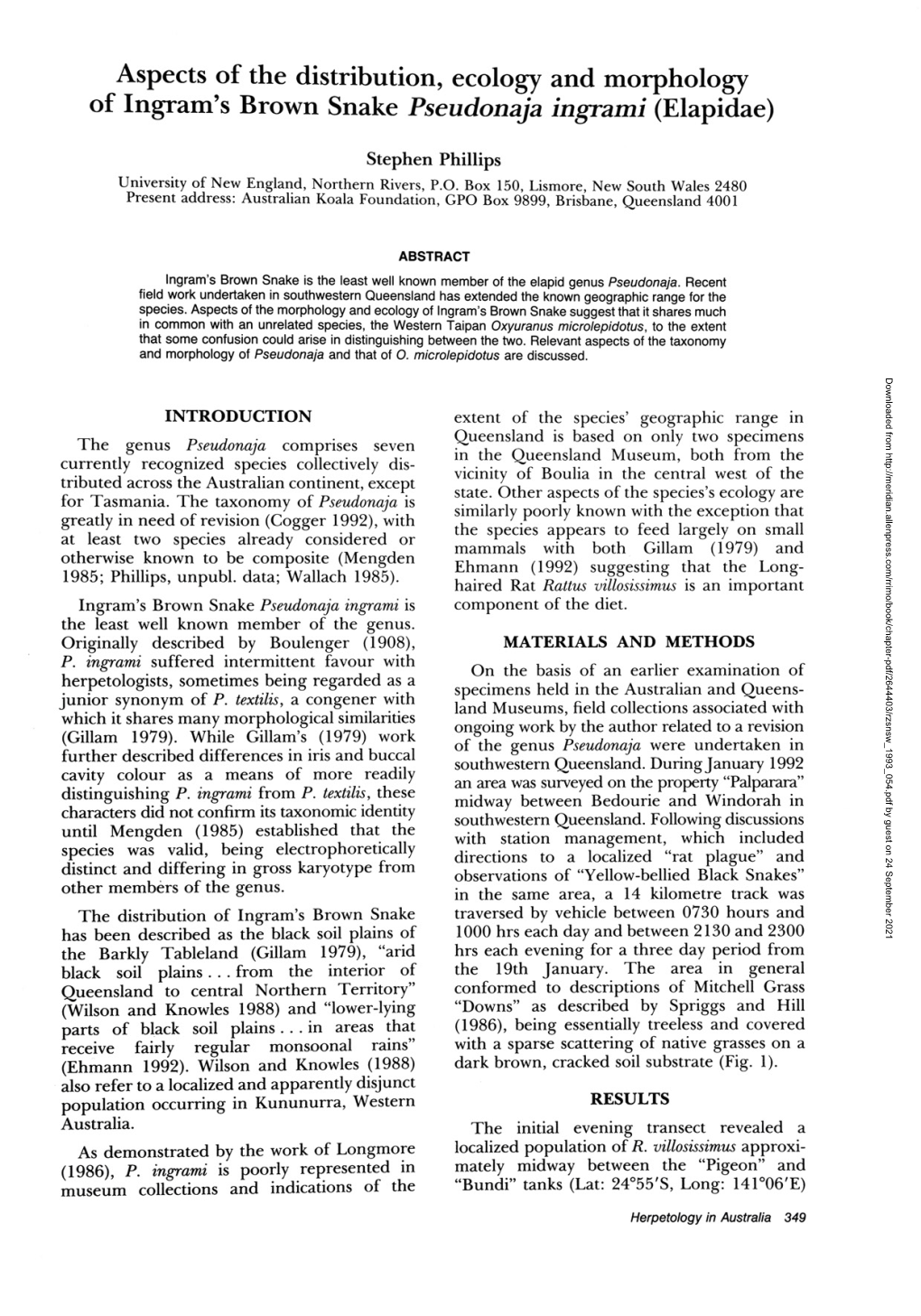 Aspects of the Distribution, Ecology and Morphology of Ingram's Brown Snake Pseudonaja Ingrami (Elapidae)