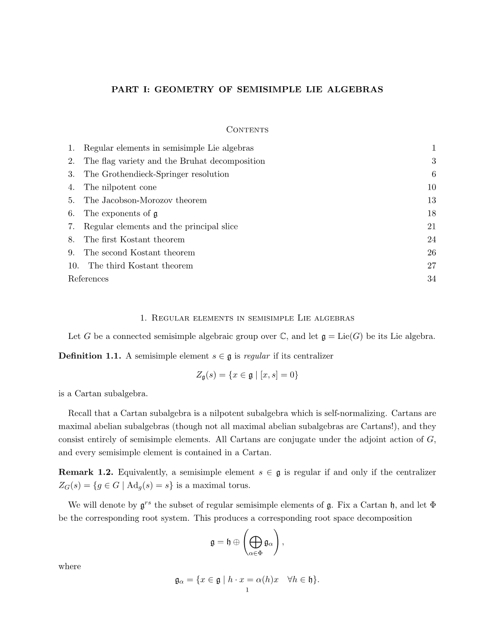 GEOMETRY of SEMISIMPLE LIE ALGEBRAS Contents 1. Regular