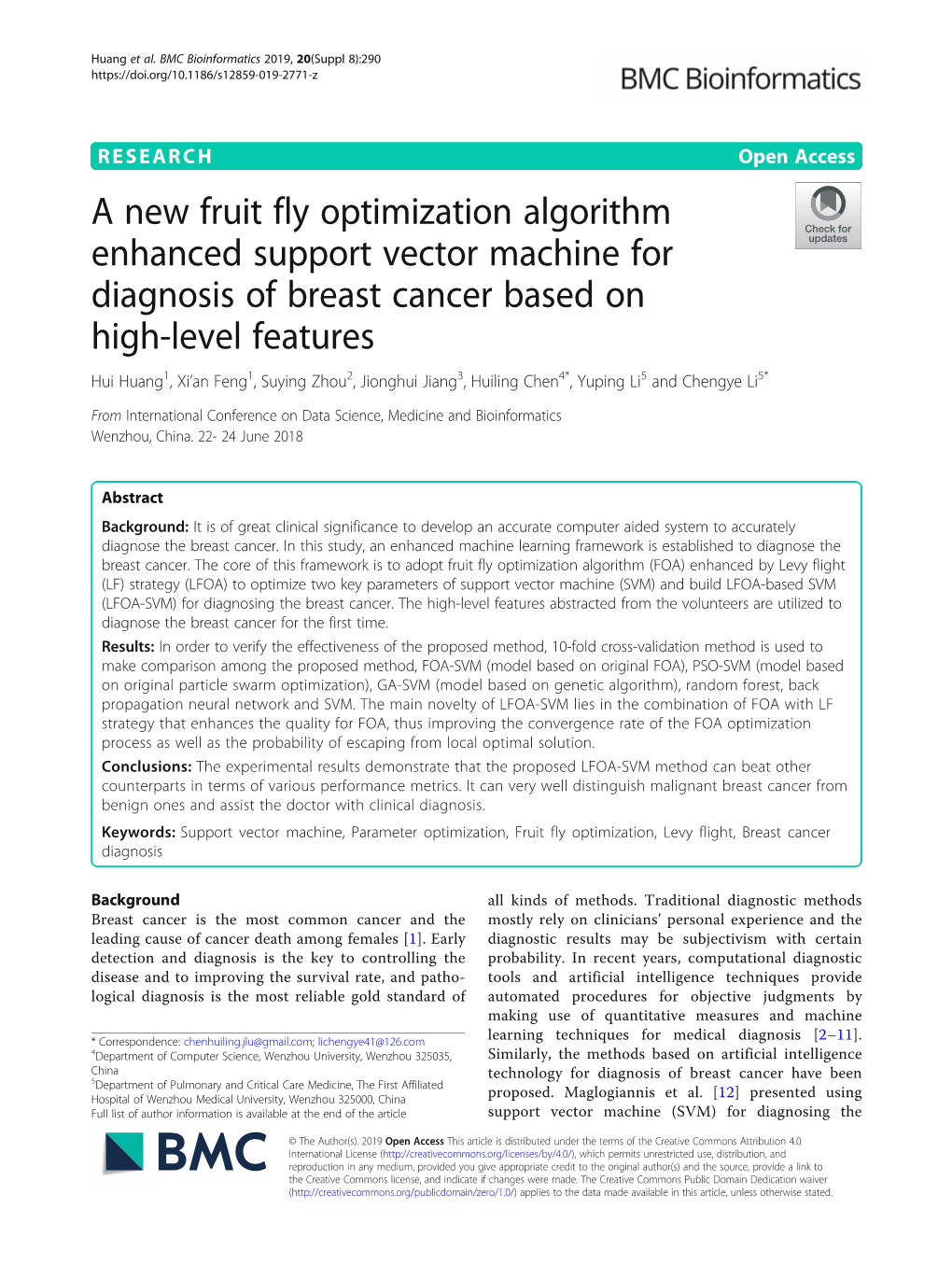 A New Fruit Fly Optimization Algorithm Enhanced Support Vector Machine for Diagnosis of Breast Cancer Based on High-Level Featur