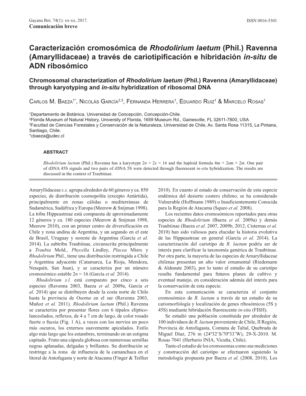 Amaryllidaceae) a Través De Cariotipificación E Hibridación In-Situ De ADN Ribosómico