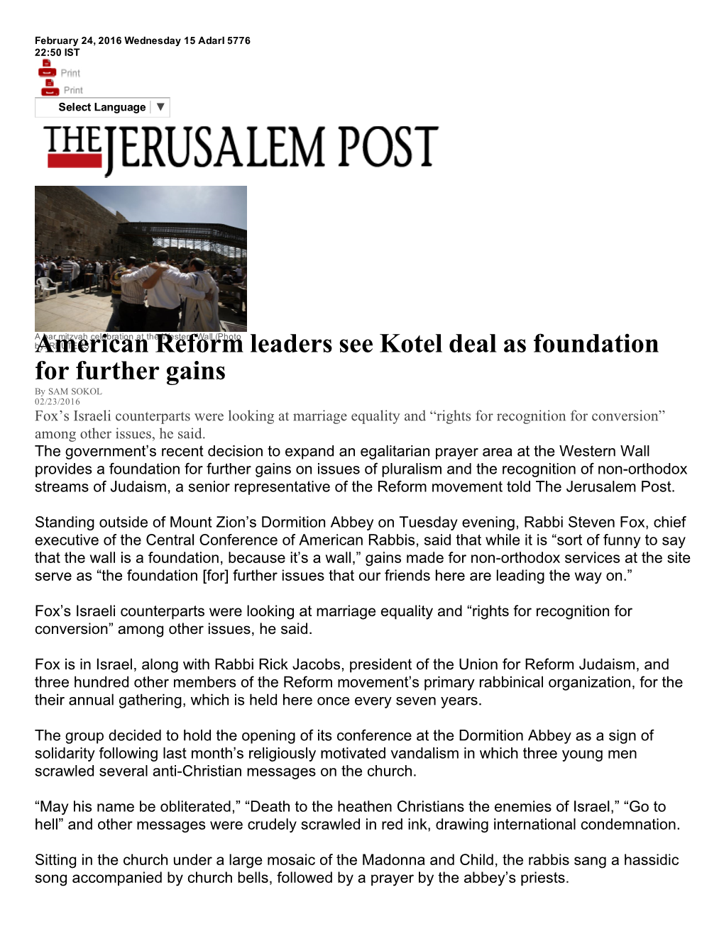 American Reform Leaders See Kotel Deal As Foundation for Further Gains