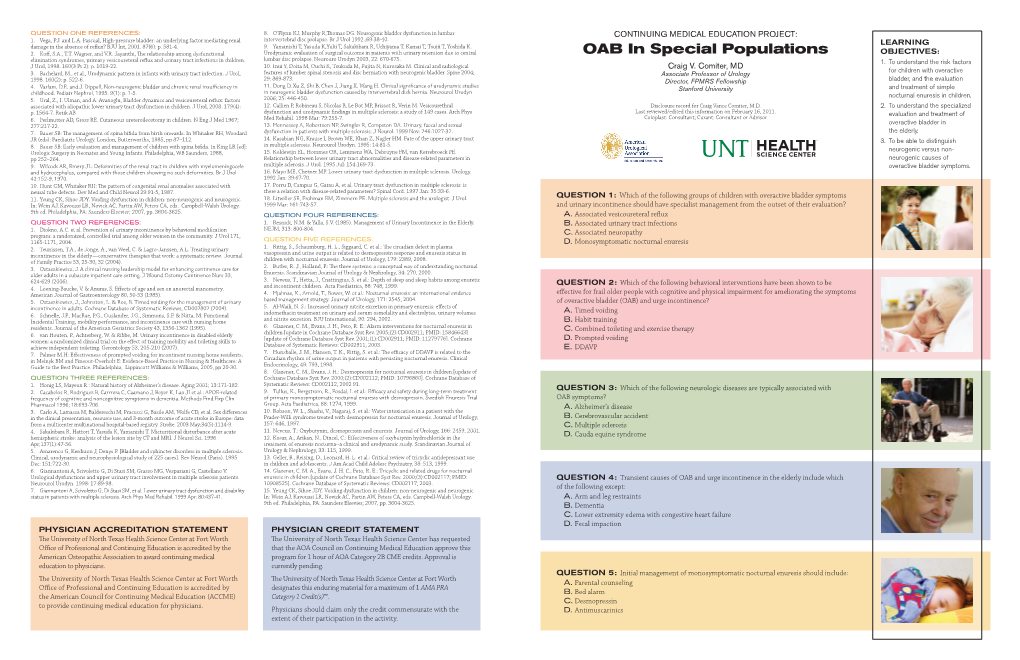 OAB in Special Populations Objectives: Elimination Syndromes, Primary Vesicoureteral Reflux and Urinary Tract Infections in Children