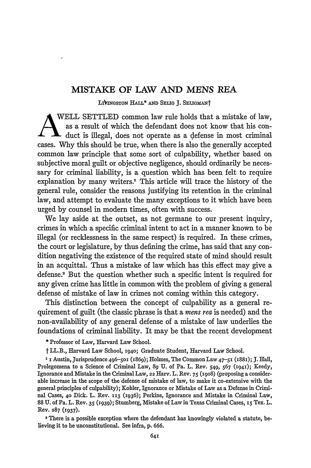 Mistake of Law and Mens Rea