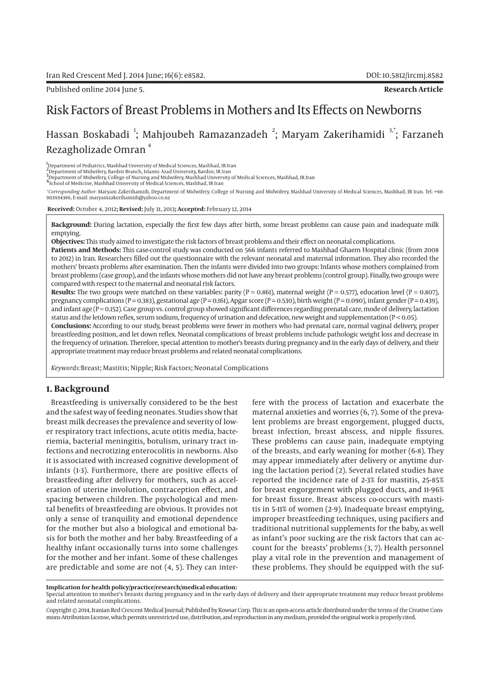 Risk Factors of Breast Problems in Mothers and Its Effects on Newborns