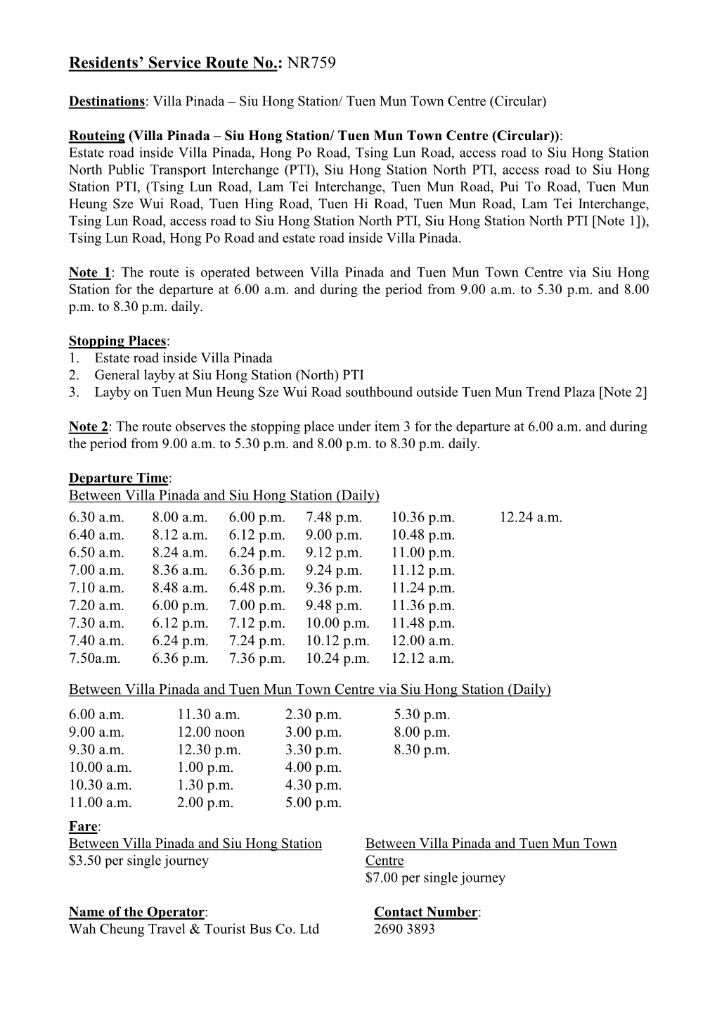 Residents' Service Route No.: NR759