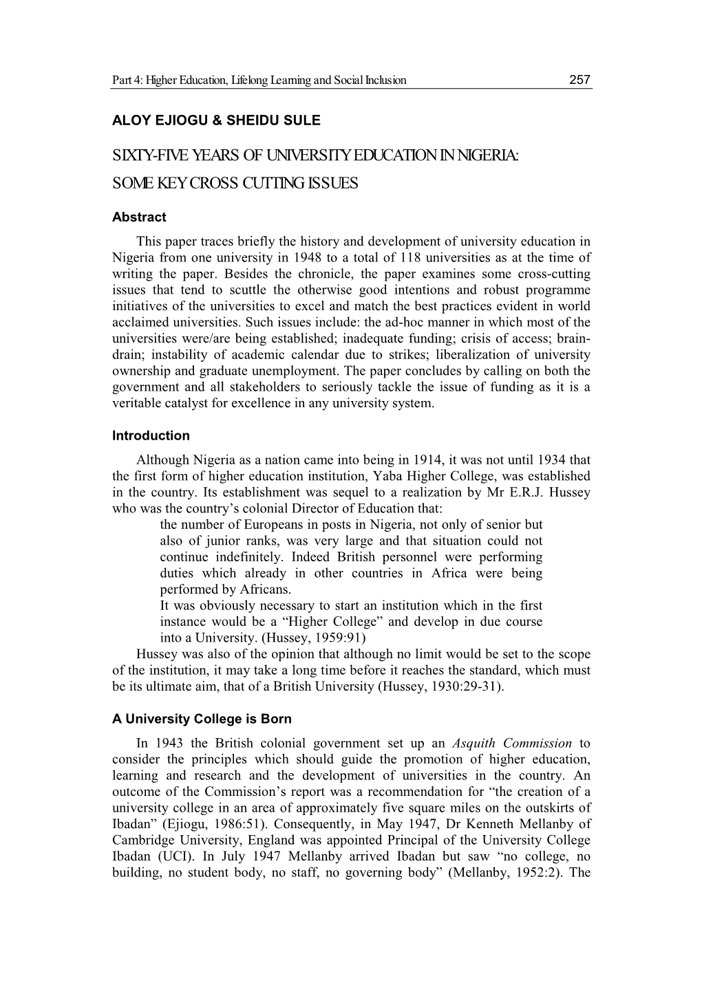 Sixty-Five Years of University Education in Nigeria: Some Key Cross Cutting Issues