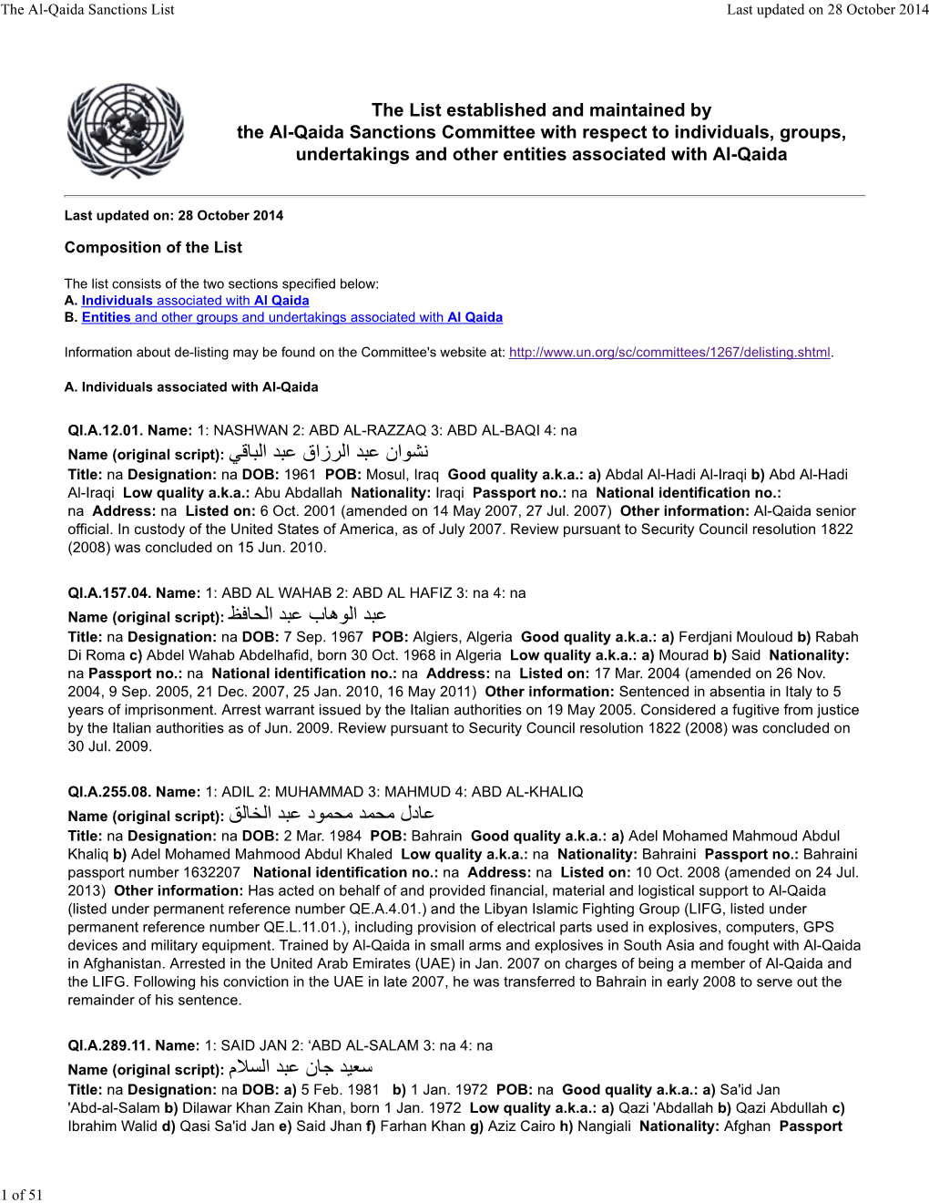 Al-Qaida Sanctions List Last Updated on 28 October 2014