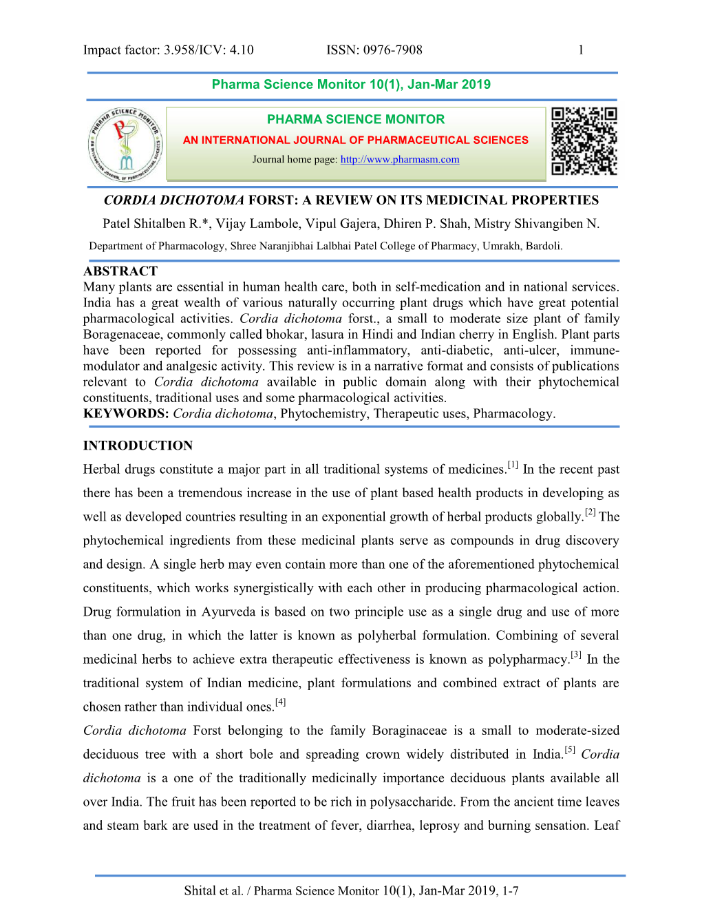 Impact Factor: 3.958/ICV: 4.10 ISSN: 0976-7908 1 CORDIA