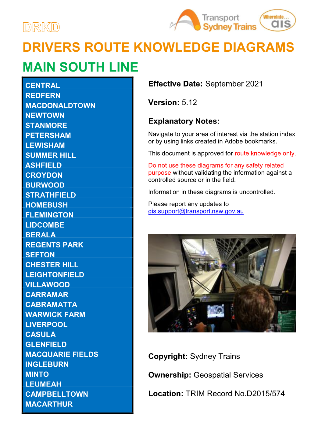 DRIVERS ROUTE KNOWLEDGE DIAGRAMS MAIN SOUTH LINE CENTRAL Effective Date: September 2021 REDFERN