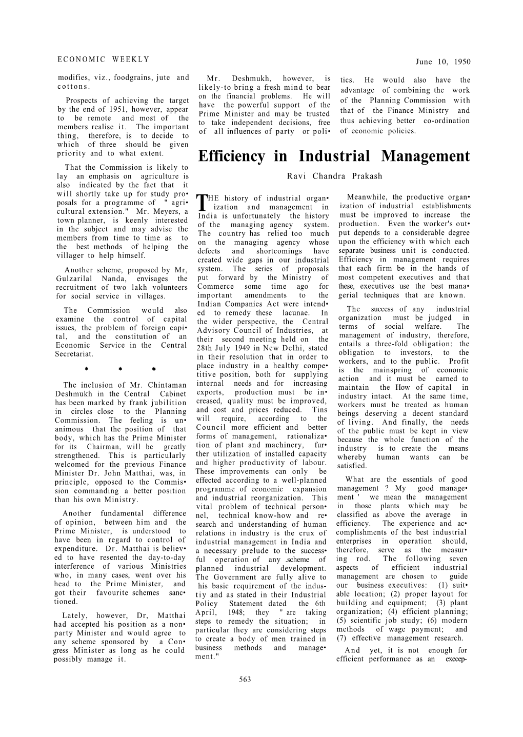 Efficiency in Industrial Management