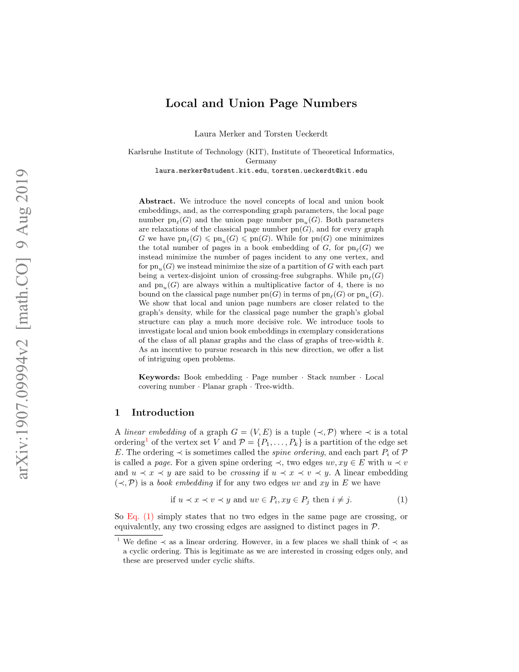 Arxiv:1907.09994V2 [Math.CO] 9 Aug 2019 (≺, P) Is a Book Embedding If for Any Two Edges Uv and Xy in E We Have