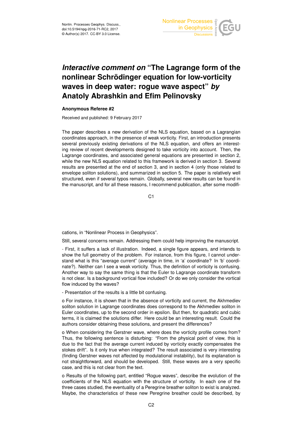 The Lagrange Form of the Nonlinear Schrödinger Equation for Low-Vorticity Waves in Deep Water: Rogue Wave Aspect” by Anatoly Abrashkin and Eﬁm Pelinovsky