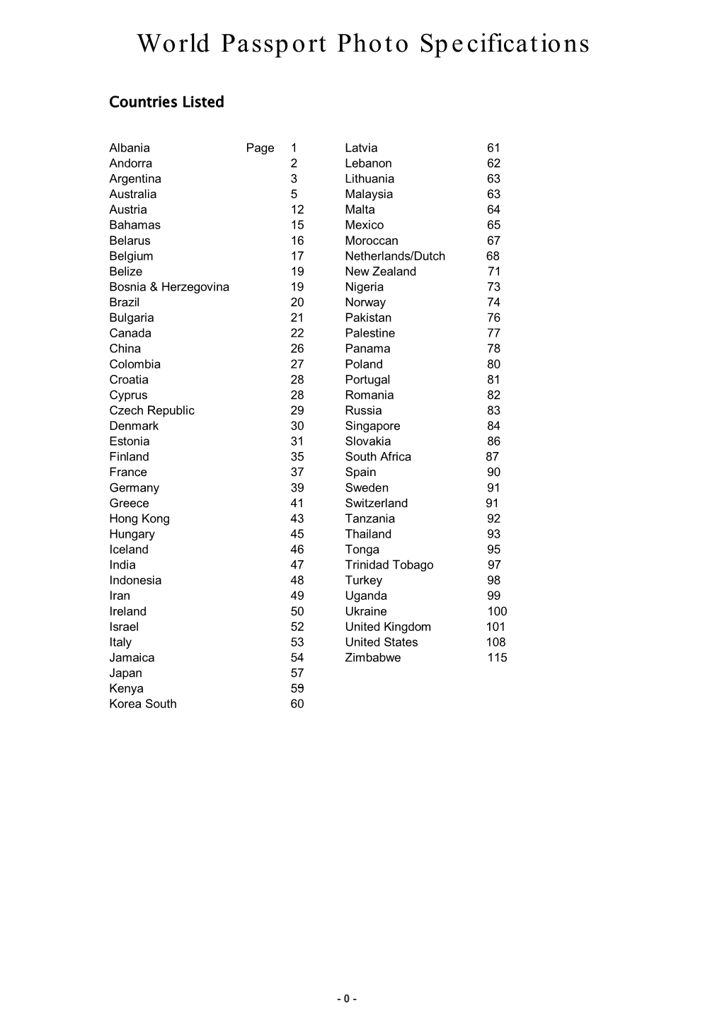 World Passport Photo Specifications