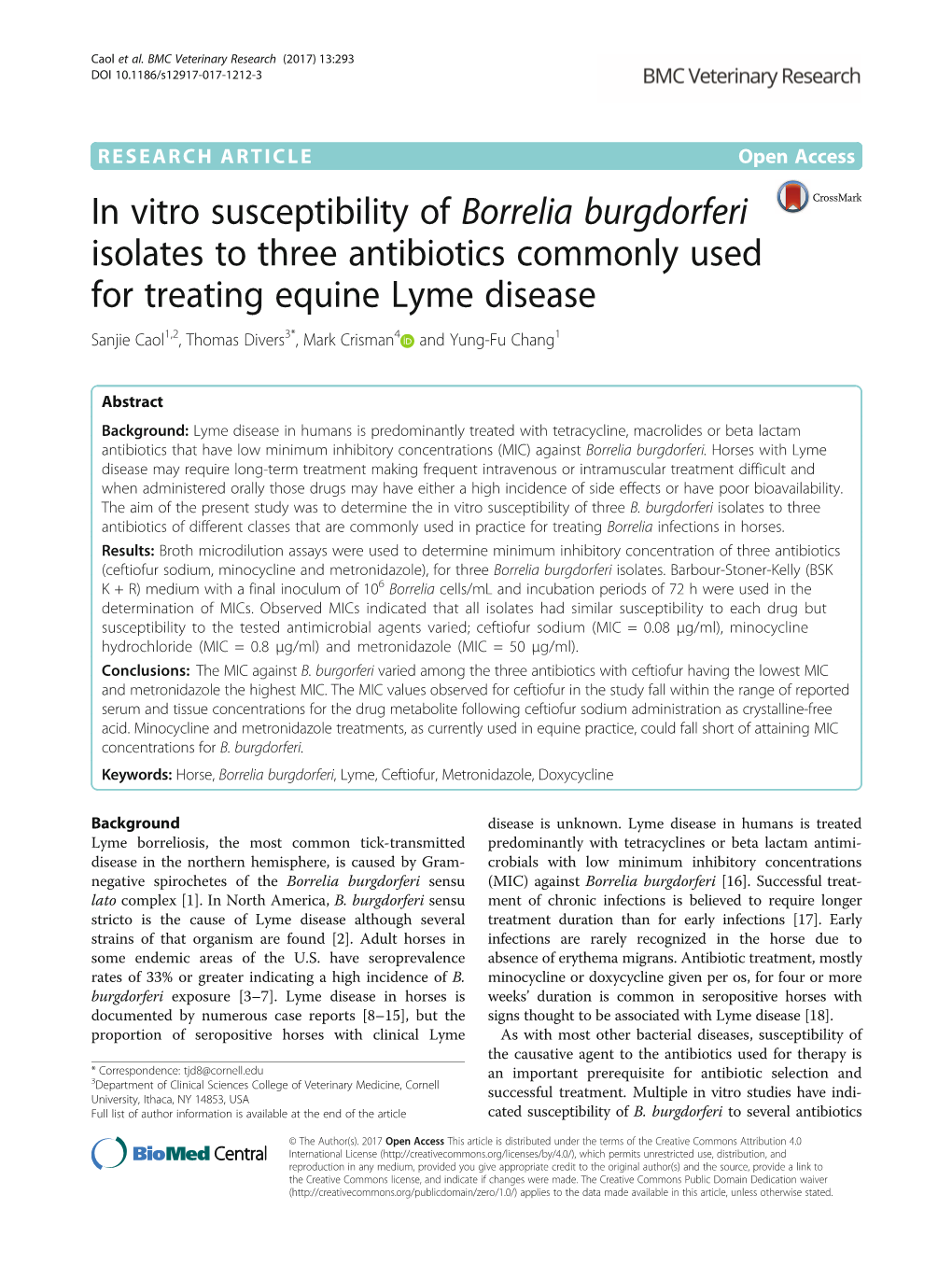 In Vitro Susceptibility of Borrelia Burgdorferi Isolates to Three