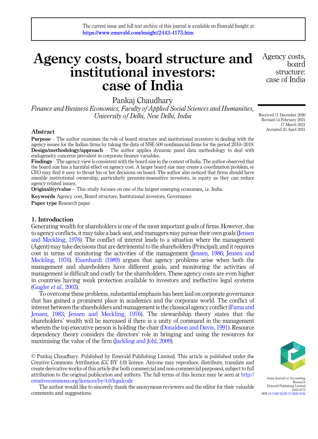 Agency Costs, Board Structure and Institutional