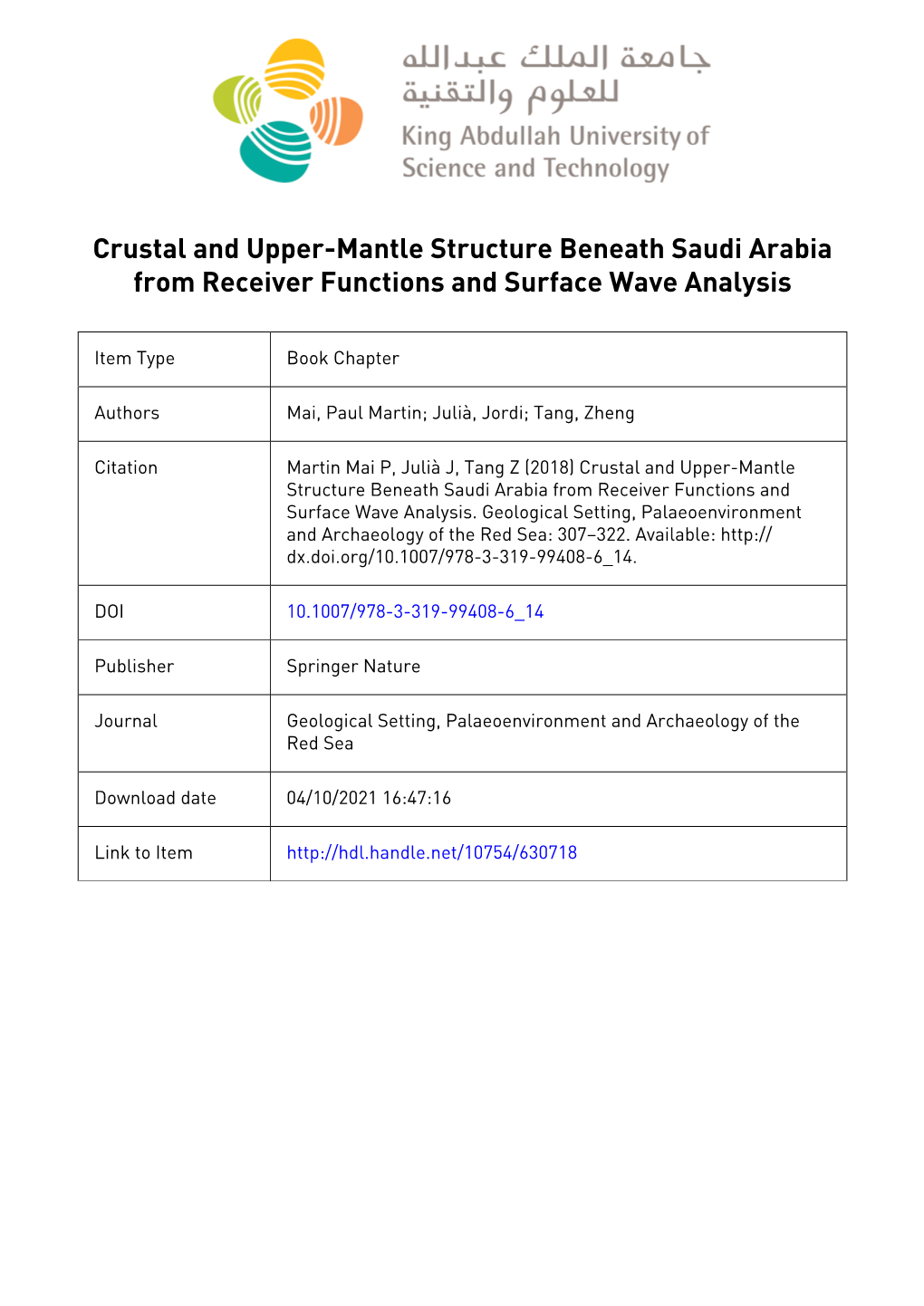 Crustal and Upper-Mantle Structure Beneath Saudi Arabia from Receiver Functions and Surface Wave Analysis