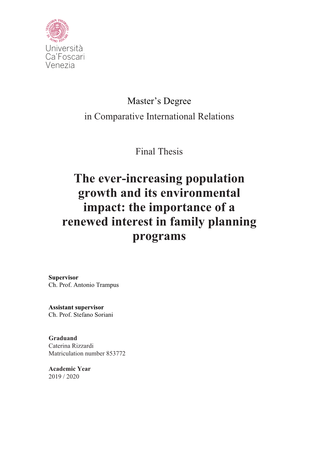 The Ever-Increasing Population Growth and Its Environmental Impact: the Importance of a Renewed Interest in Family Planning Programs