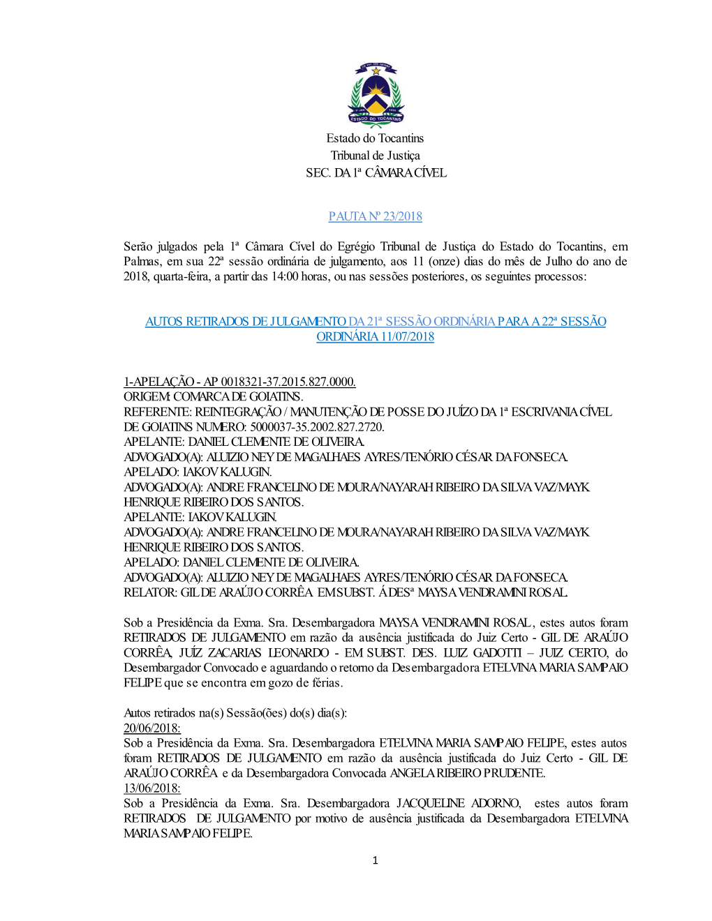 Estado Do Tocantins Tribunal De Justiça SEC. DA 1ª CÂMARA CÍVEL PAUTA Nº 23/2018 Serão Julgados Pela 1ª Câmara Cível Do