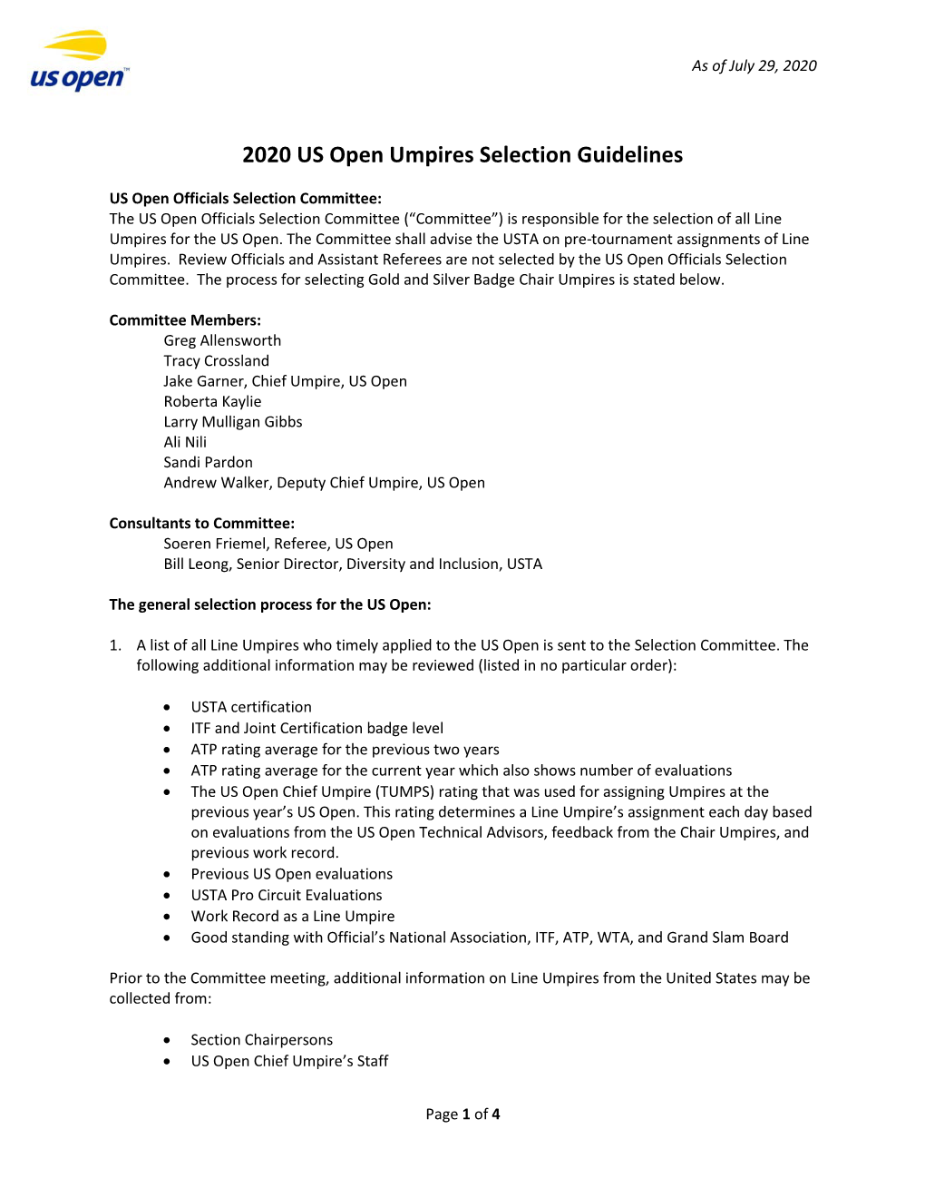 2020 US Open Umpires Selection Guidelines