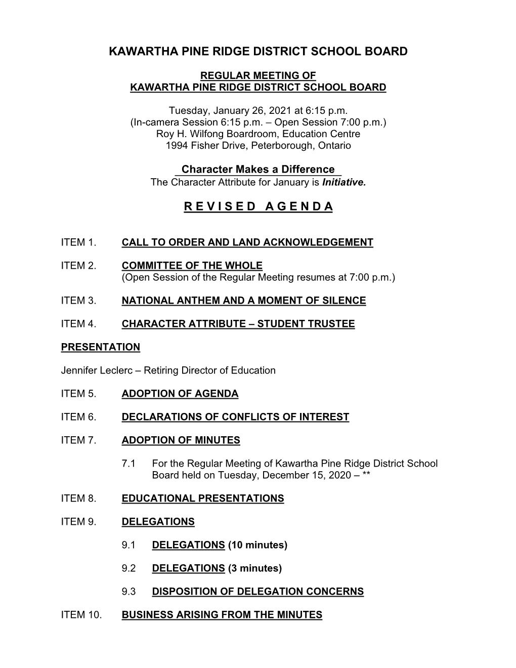 January 26, 2021 Board Meeting Agenda